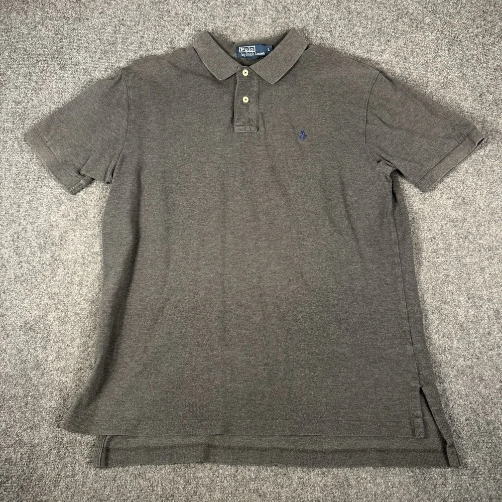Vintage Polo Ralph Lauren Polo Shirt Men L Grey 100% Cotton Pique Blue Pony